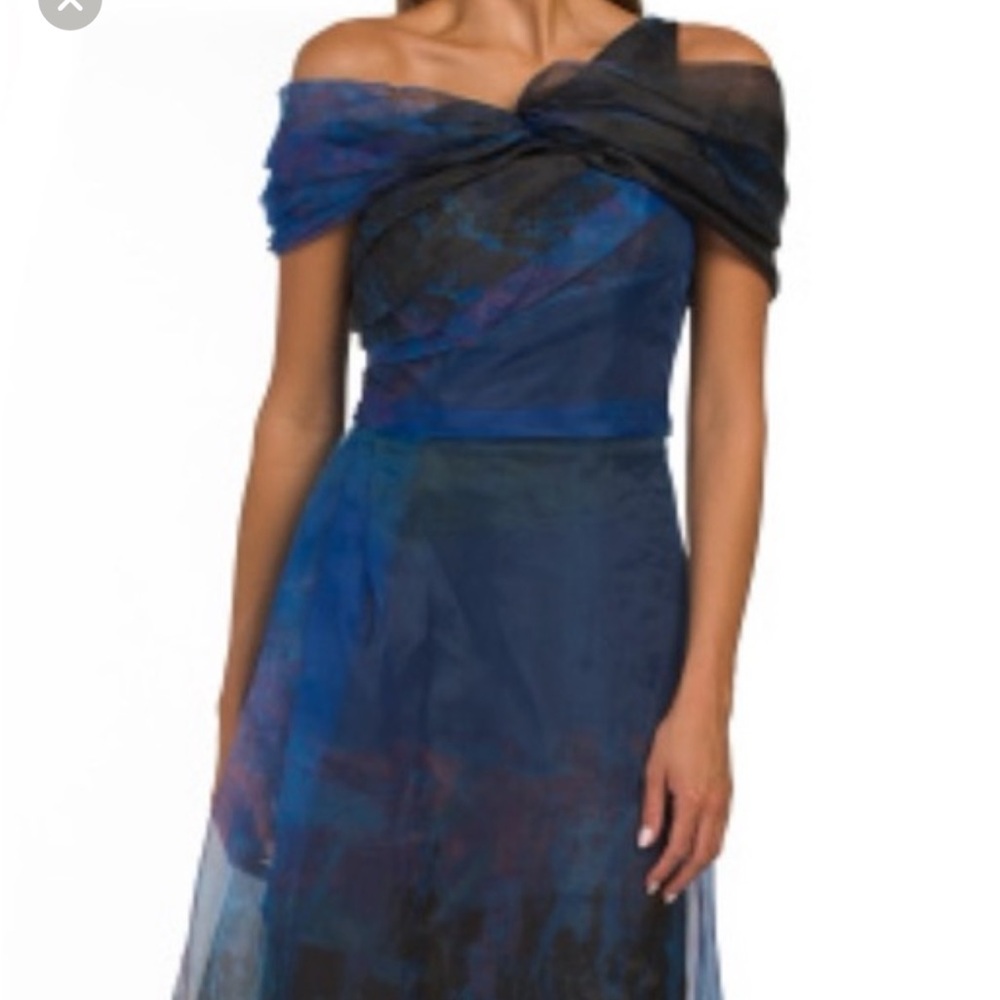 RENE BY RENE RUIZ Blue/Black Twisted Off The Shoulder Organza Gown
